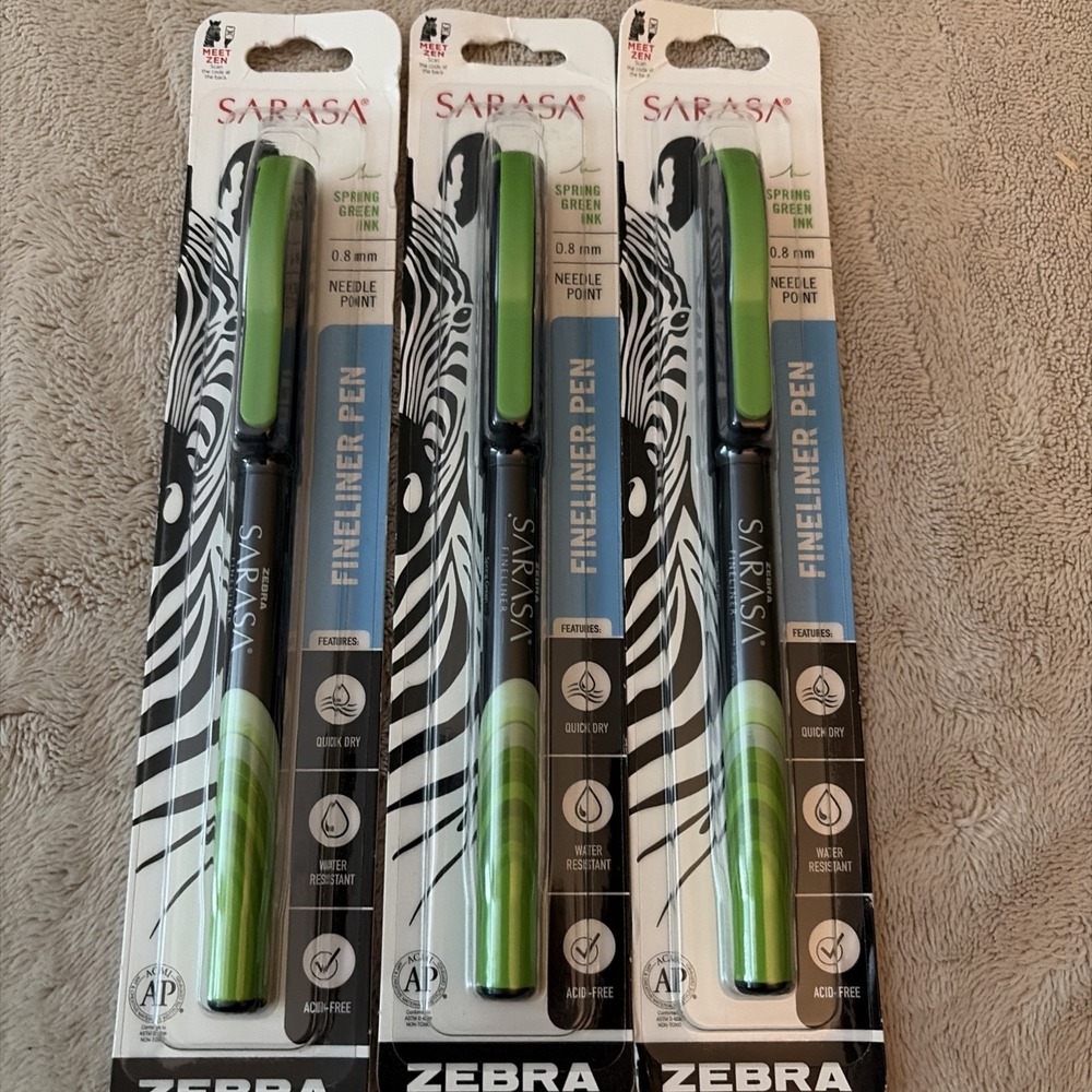 3 Zebra Sarasa Fineliner Pens 0.8mm Spring‎ Green Ink Needle Point Acid Free